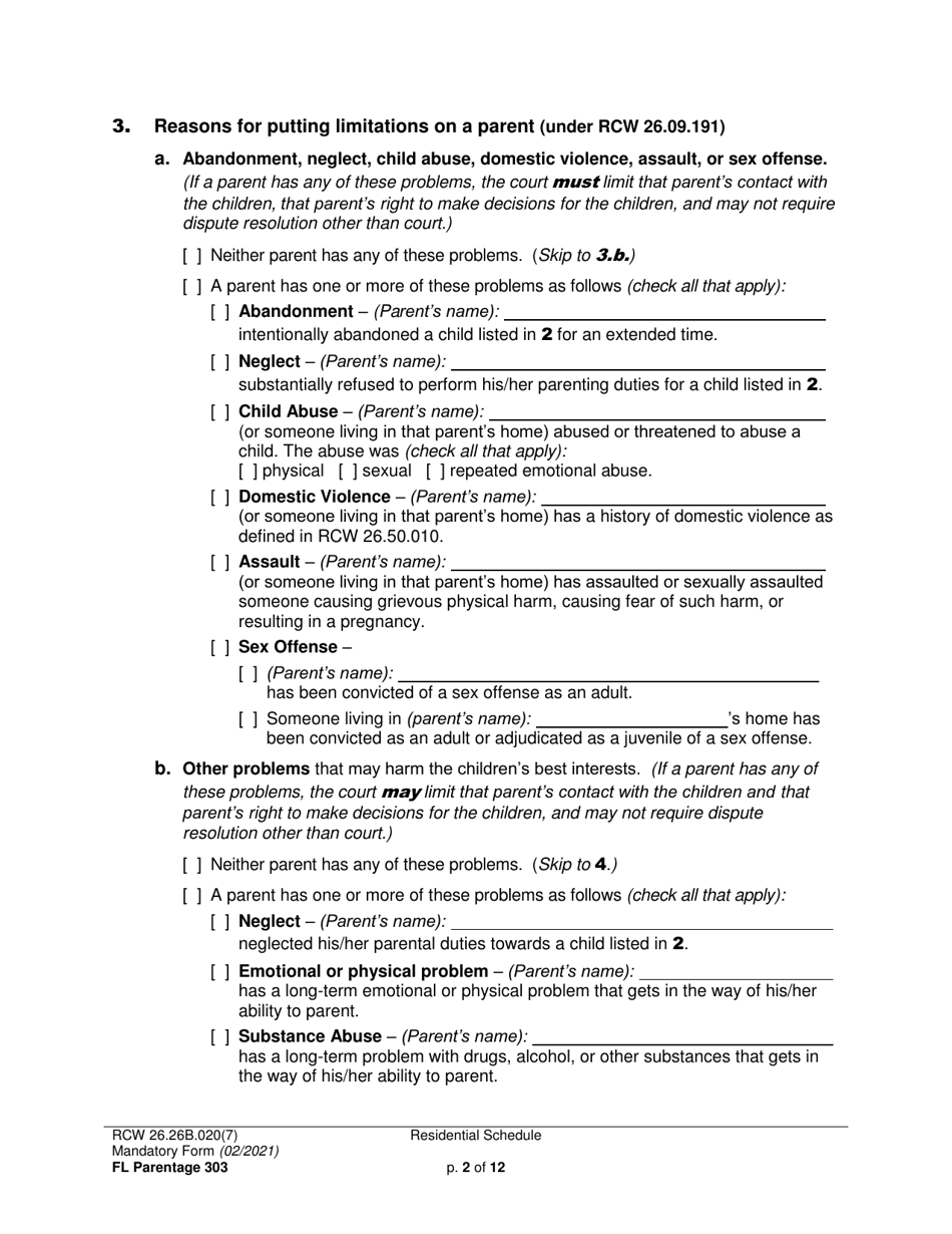 Form FL Parentage303 Residential Schedule - Washington, Page 2
