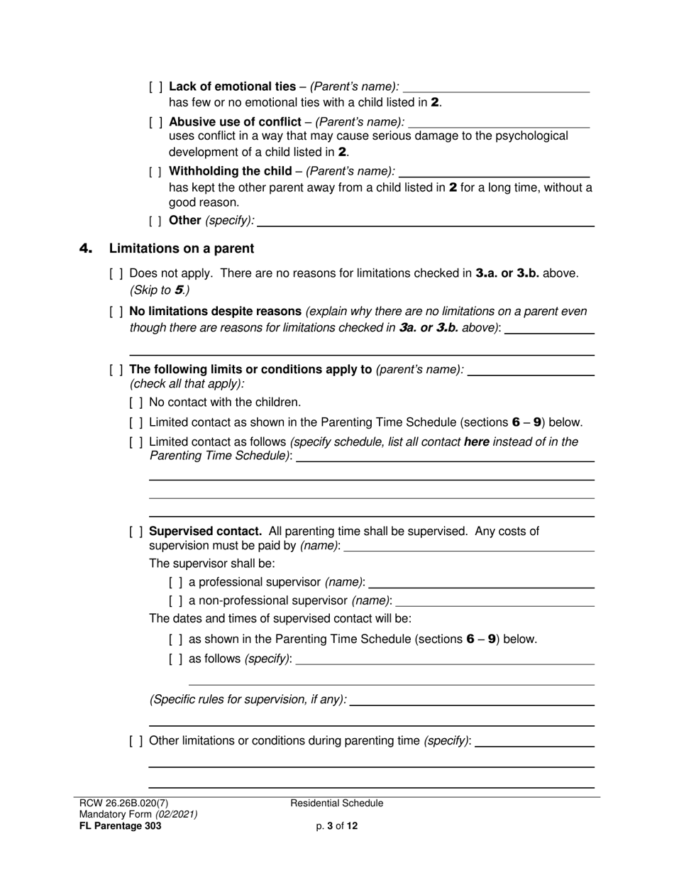 Form FL Parentage303 Residential Schedule - Washington, Page 3