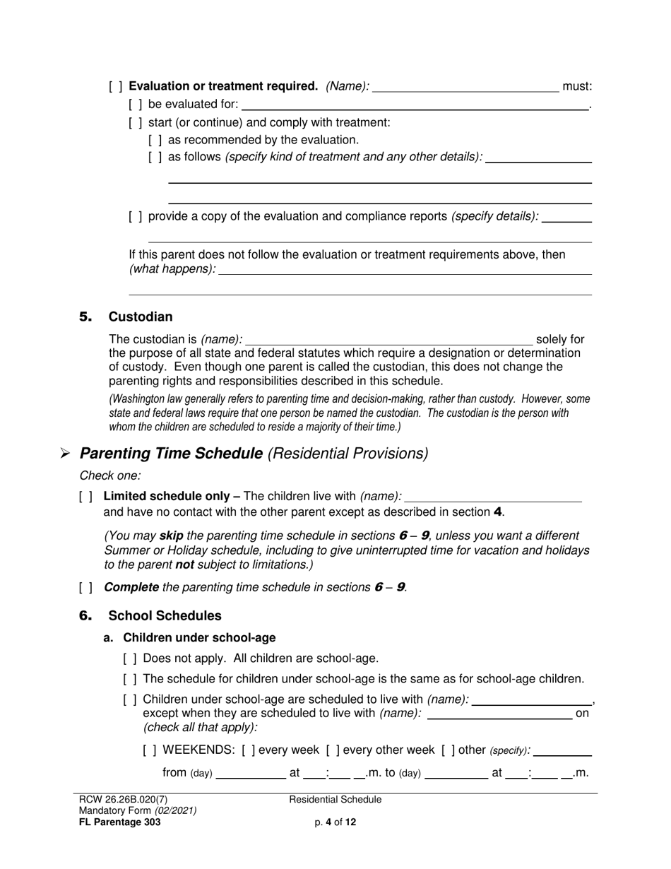 Form FL Parentage303 Residential Schedule - Washington, Page 4