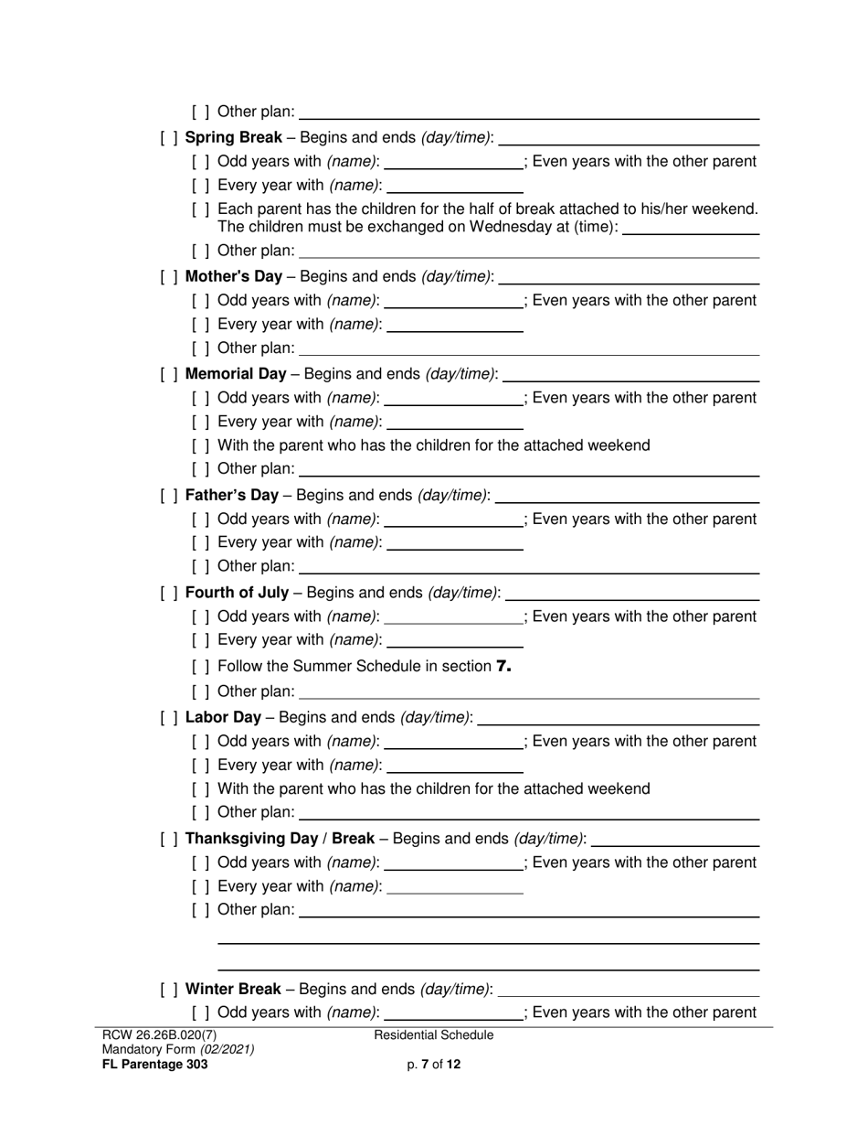 Form FL Parentage303 Residential Schedule - Washington, Page 7