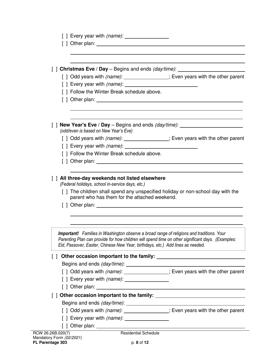 Form FL Parentage303 Residential Schedule - Washington, Page 8