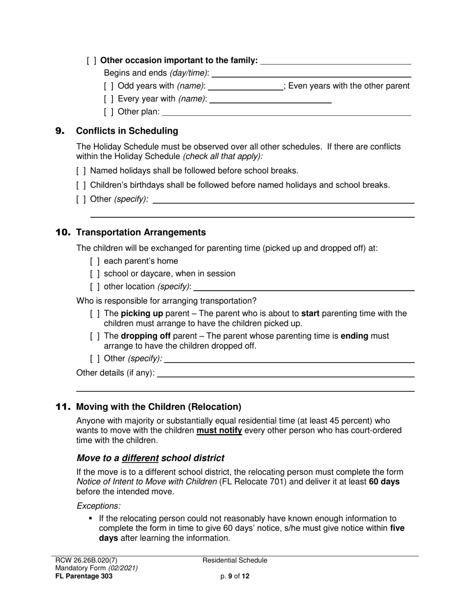 Form FL Parentage303 Residential Schedule - Washington, Page 9