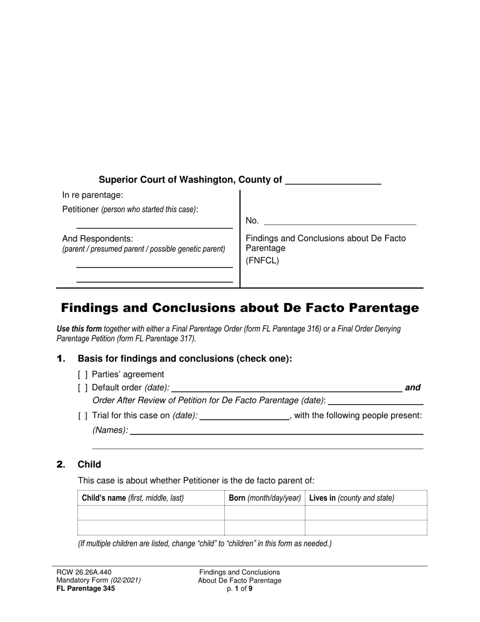 Form FL Parentage345 Findings and Conclusions About De Facto Parentage - Washington, Page 1