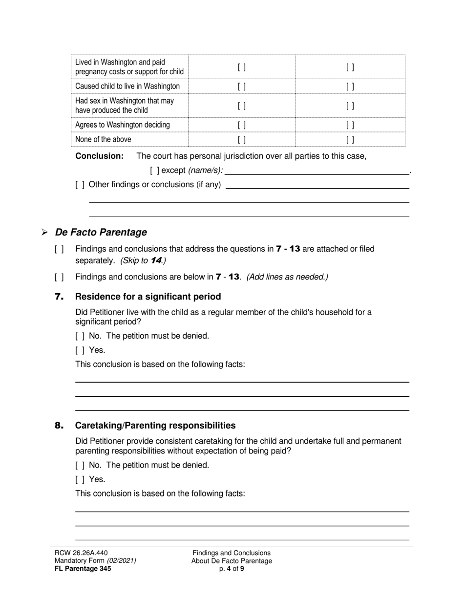 Form FL Parentage345 Findings and Conclusions About De Facto Parentage - Washington, Page 4