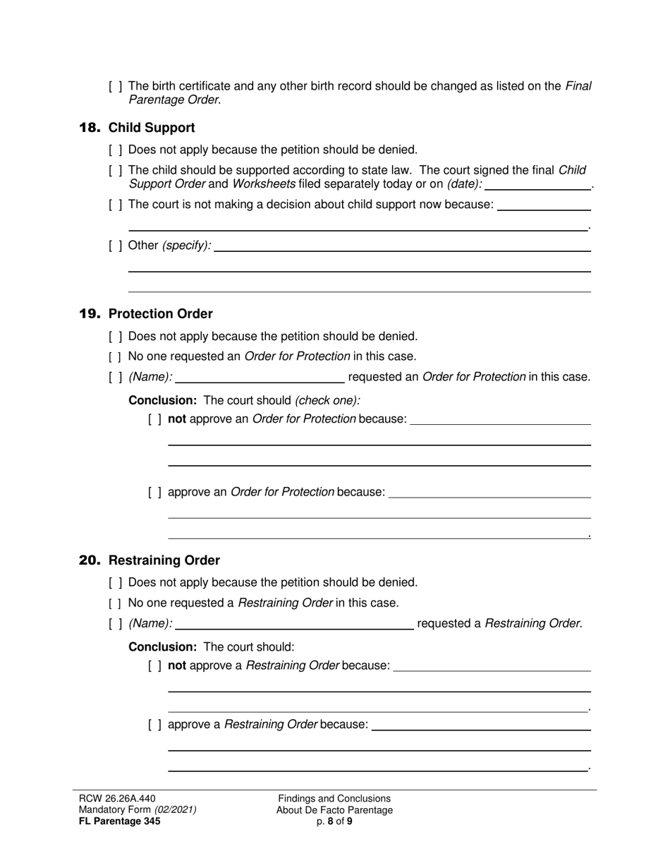 Form FL Parentage345 Findings and Conclusions About De Facto Parentage - Washington, Page 8