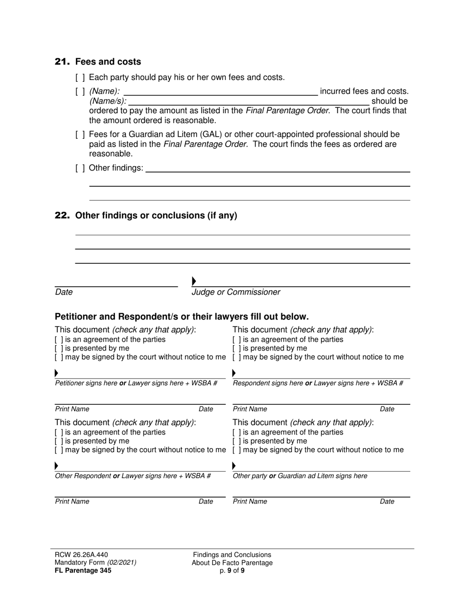 Form FL Parentage345 Findings and Conclusions About De Facto Parentage - Washington, Page 9