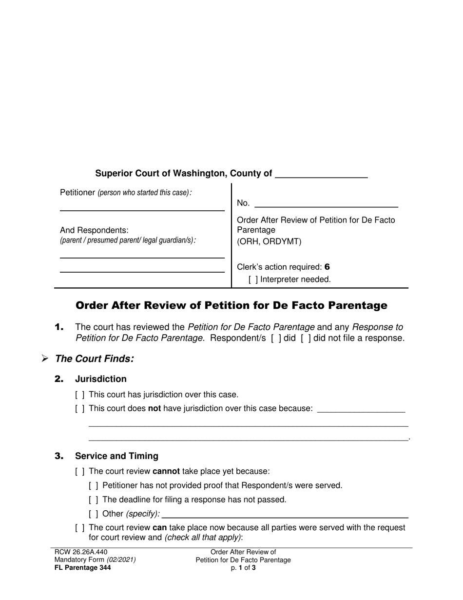 Form FL Parentage344 Order After Review of Petition for De Facto Parentage - Washington, Page 1