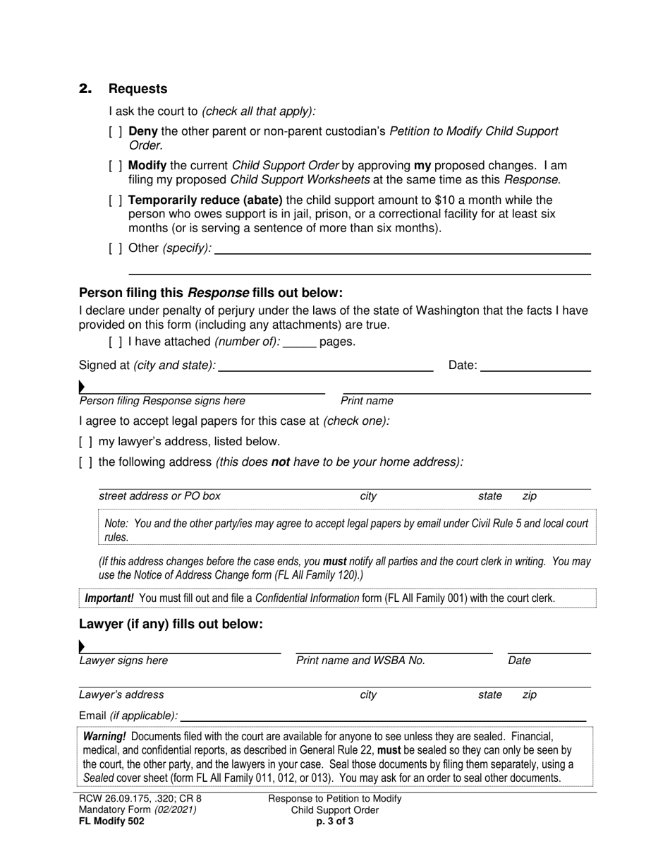 Form FL Modify502 Response to Petition to Modify Child Support Order - Washington, Page 3