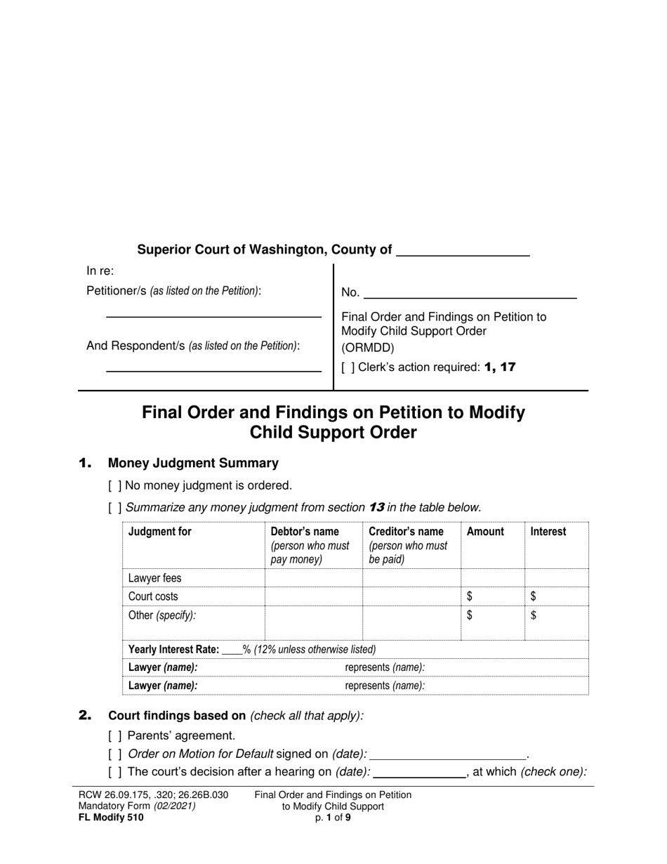 Form FL Modify510 Final Order and Findings on Petition to Modify Child Support Order - Washington, Page 1