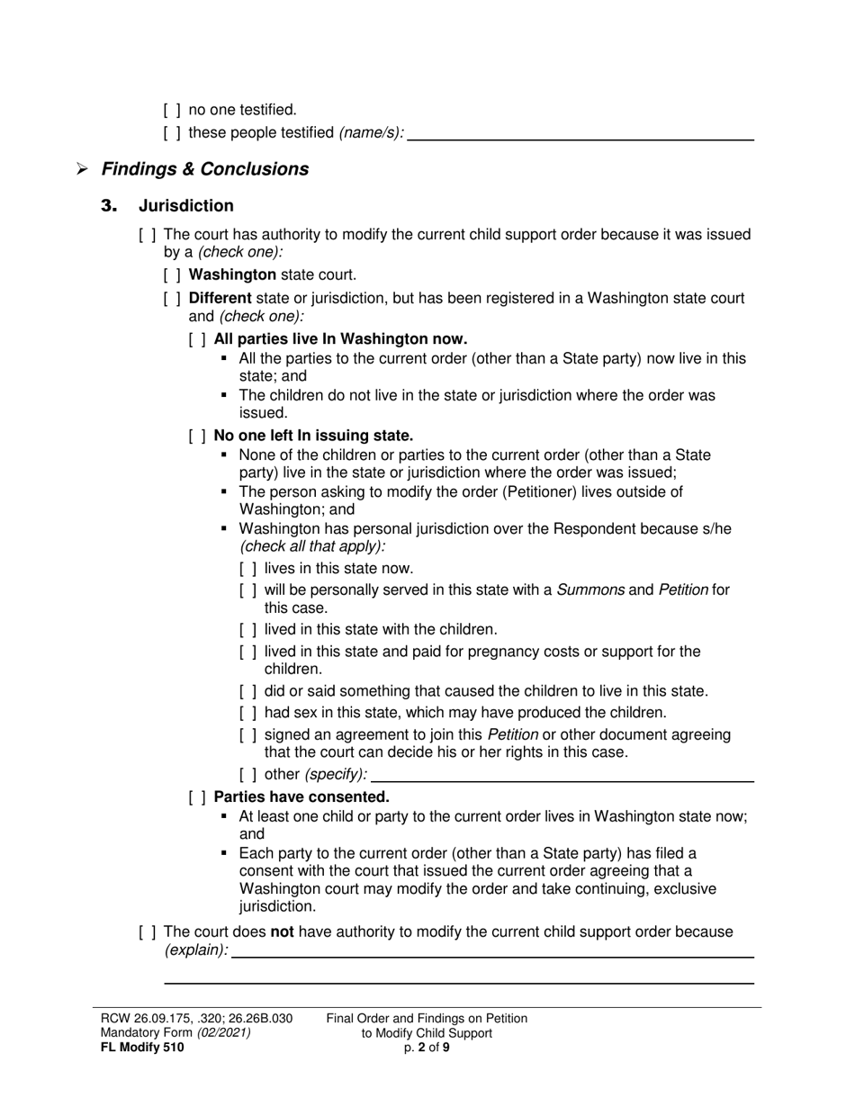 Form FL Modify510 Final Order and Findings on Petition to Modify Child Support Order - Washington, Page 2