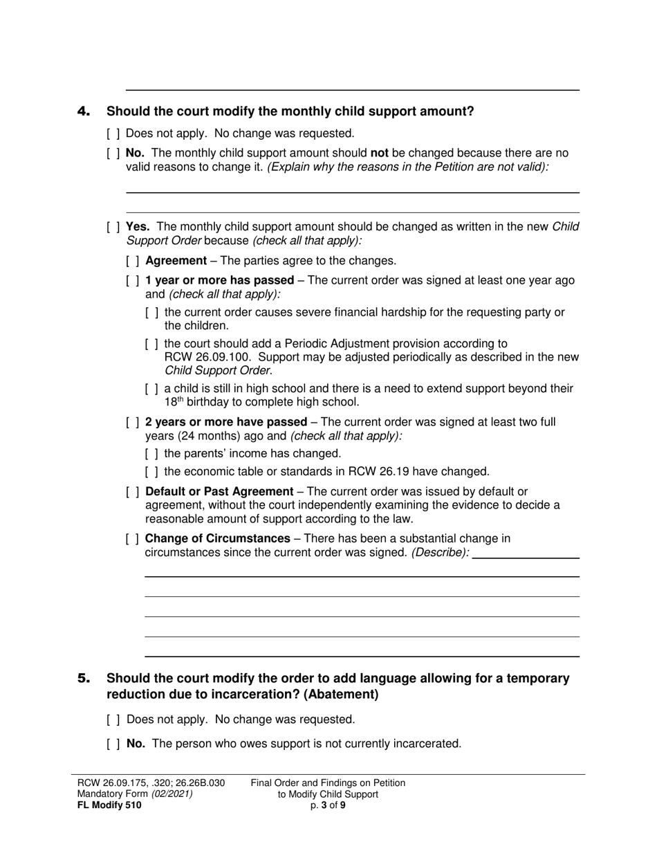 Form FL Modify510 Final Order and Findings on Petition to Modify Child Support Order - Washington, Page 3
