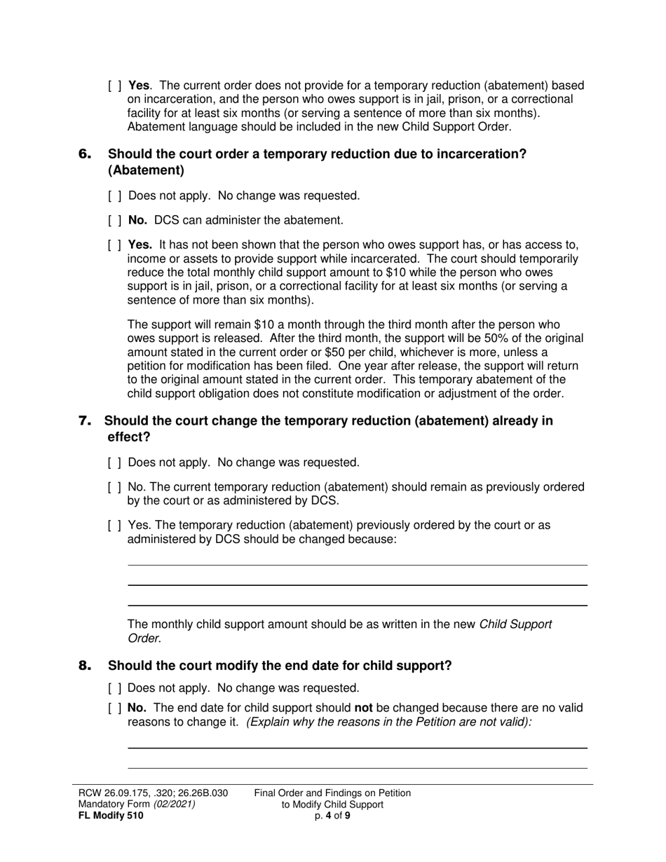 Form FL Modify510 Final Order and Findings on Petition to Modify Child Support Order - Washington, Page 4