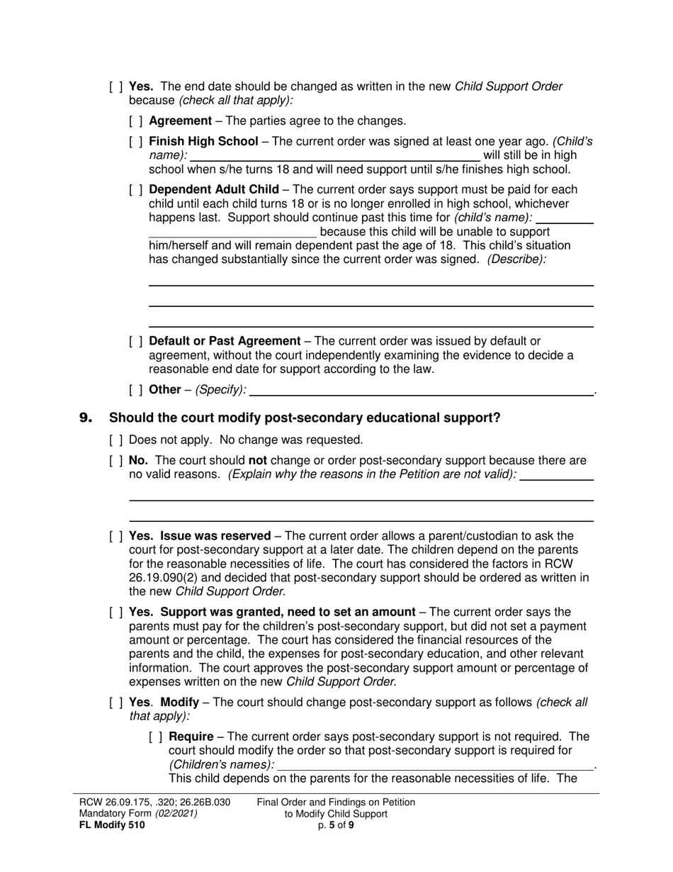 Form FL Modify510 Final Order and Findings on Petition to Modify Child Support Order - Washington, Page 5