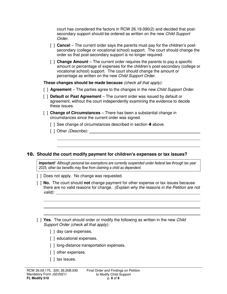 Form FL Modify510 Final Order and Findings on Petition to Modify Child Support Order - Washington, Page 6