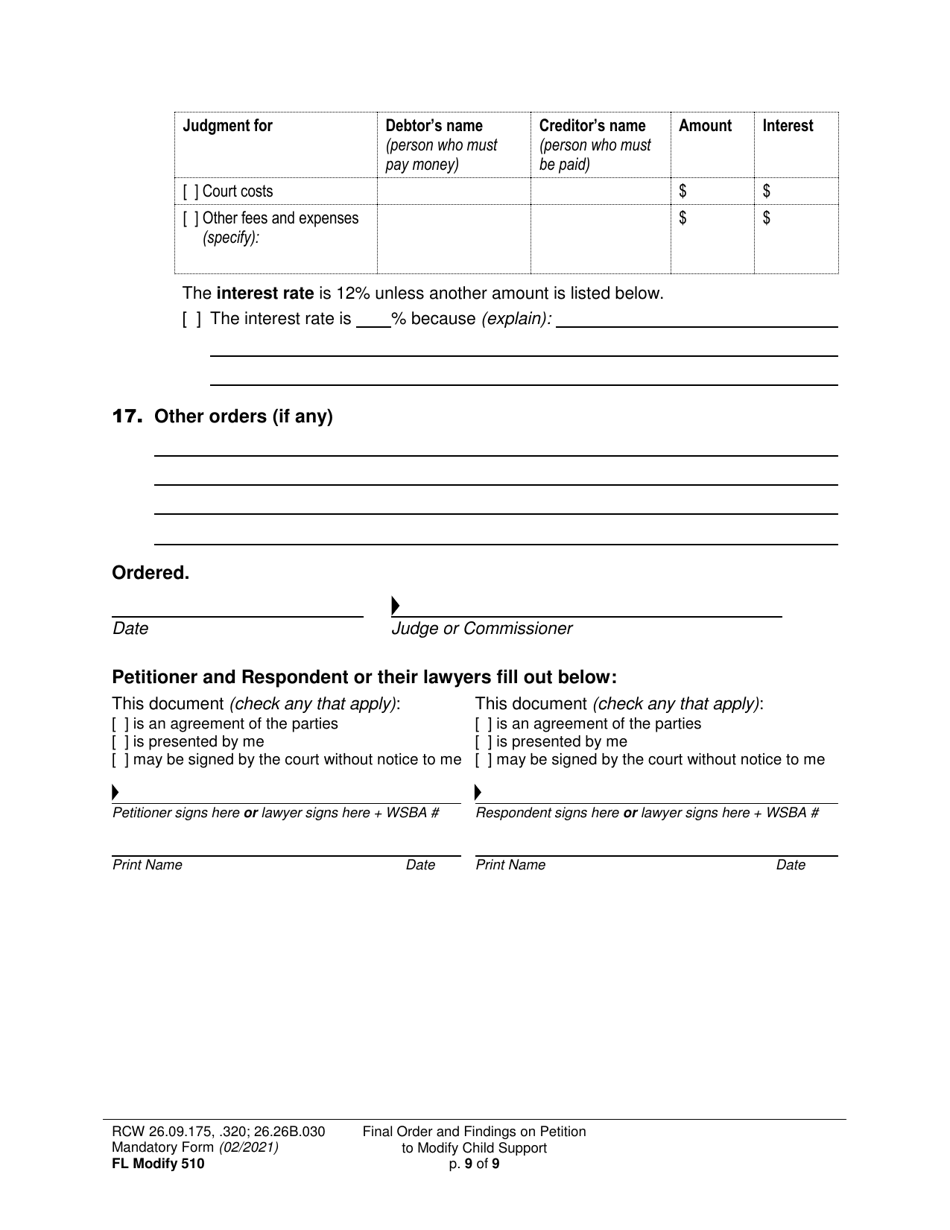 Form FL Modify510 Final Order and Findings on Petition to Modify Child Support Order - Washington, Page 9