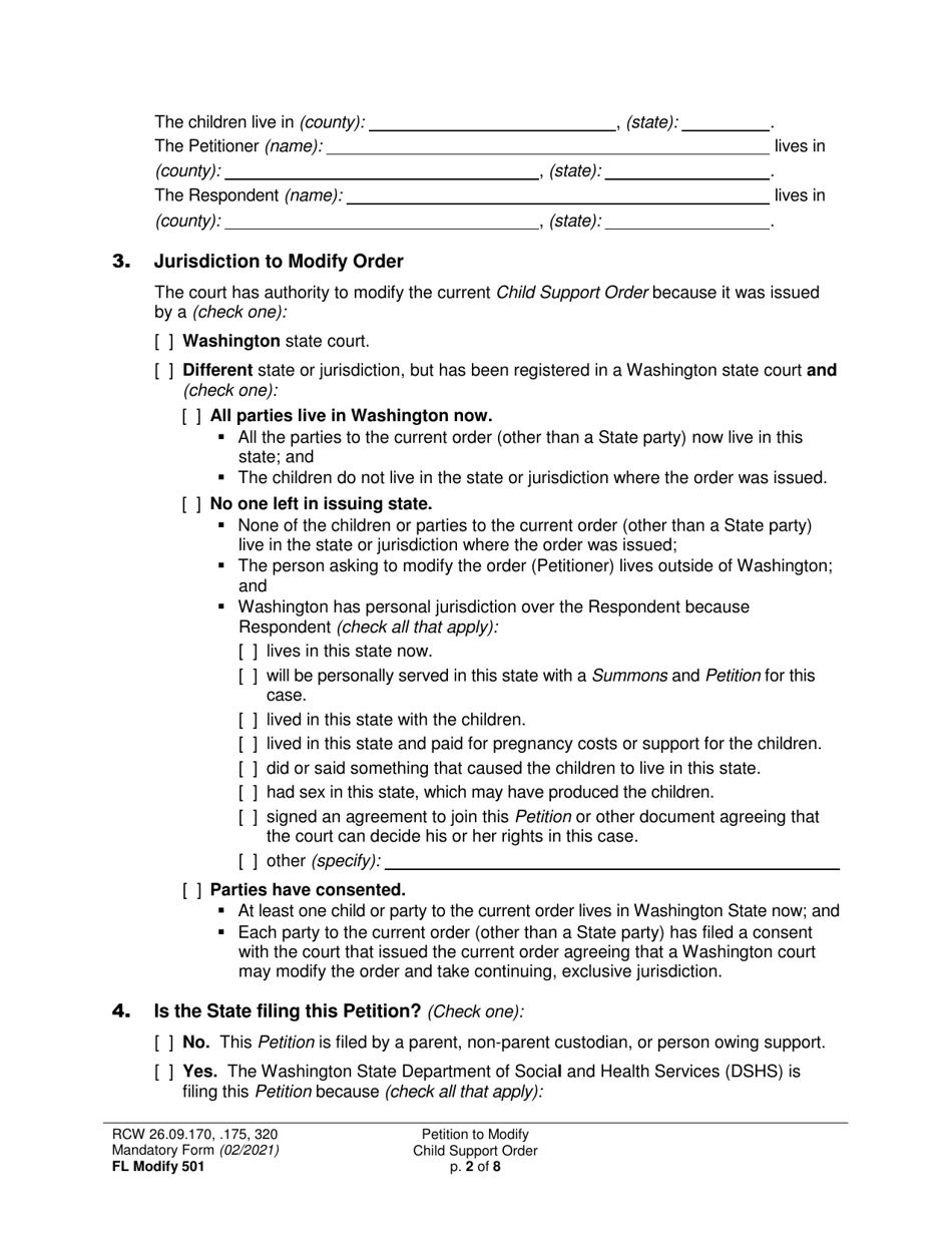 Form FL Modify501 Petition to Modify Child Support Order - Washington, Page 2