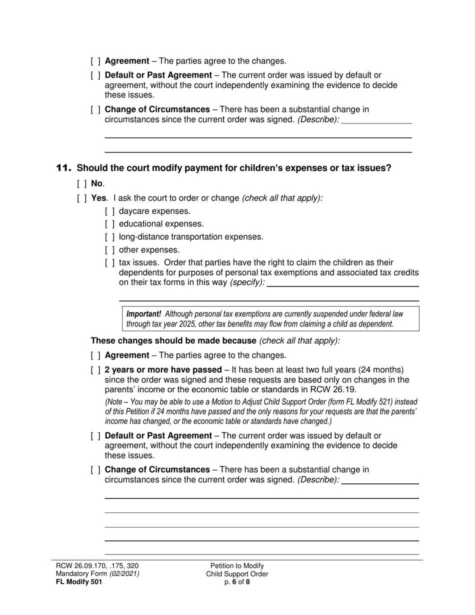 Form FL Modify501 Petition to Modify Child Support Order - Washington, Page 6