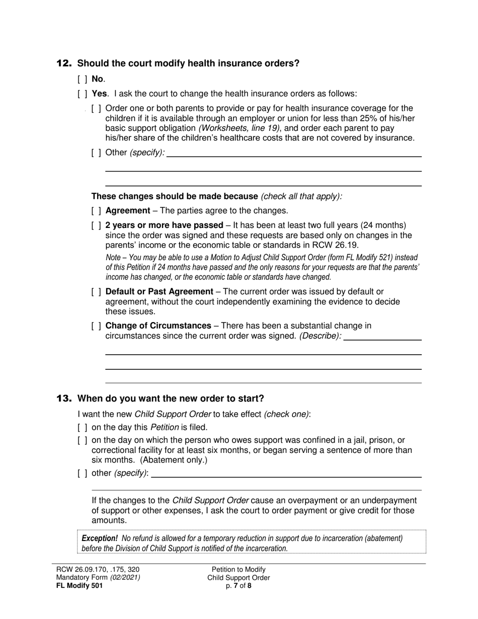 Form FL Modify501 Petition to Modify Child Support Order - Washington, Page 7