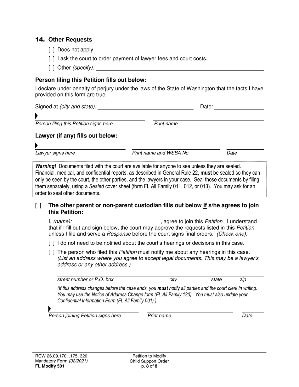 Form FL Modify501 Petition to Modify Child Support Order - Washington, Page 8
