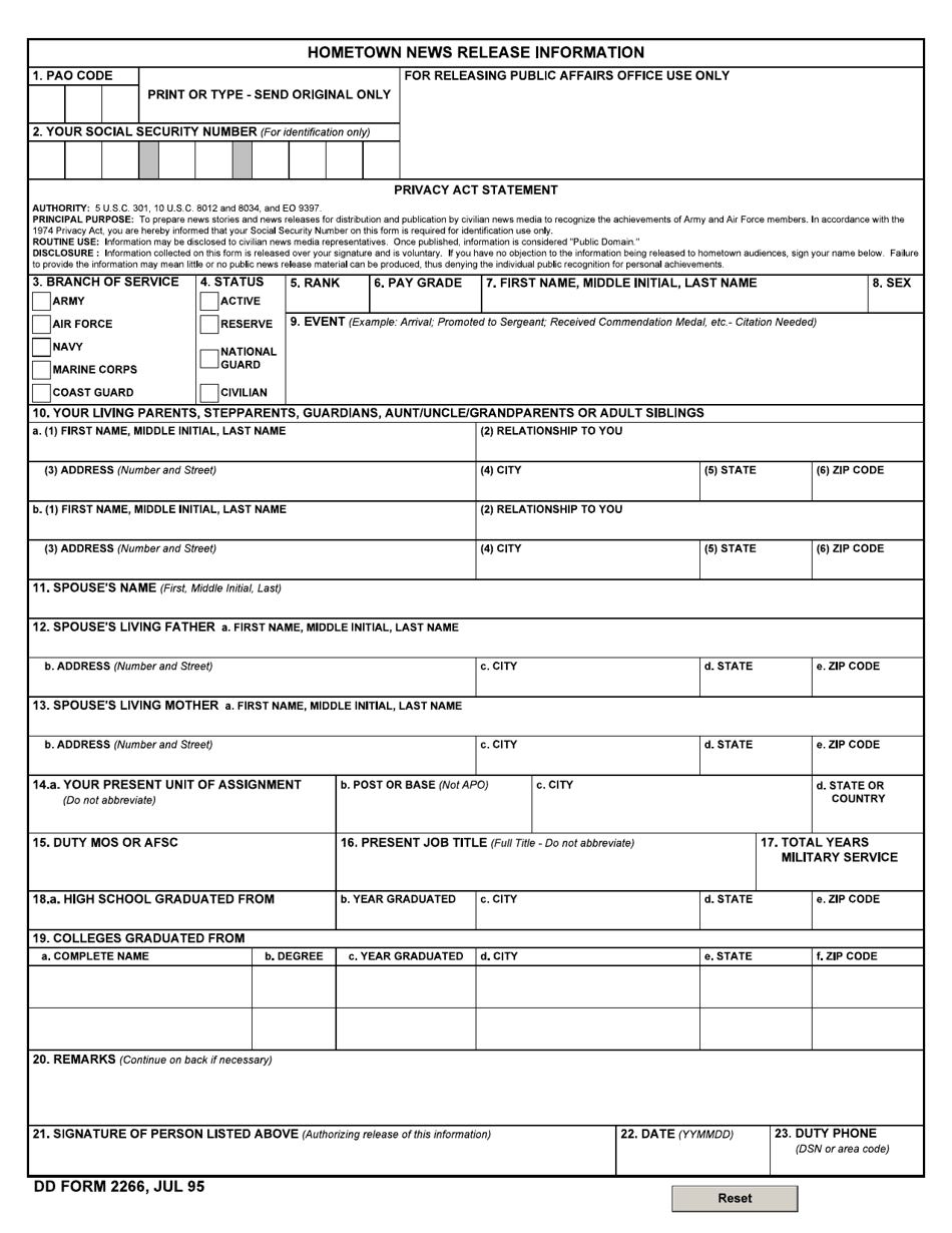 DD Form 2266 Hometown News Release Information, Page 1