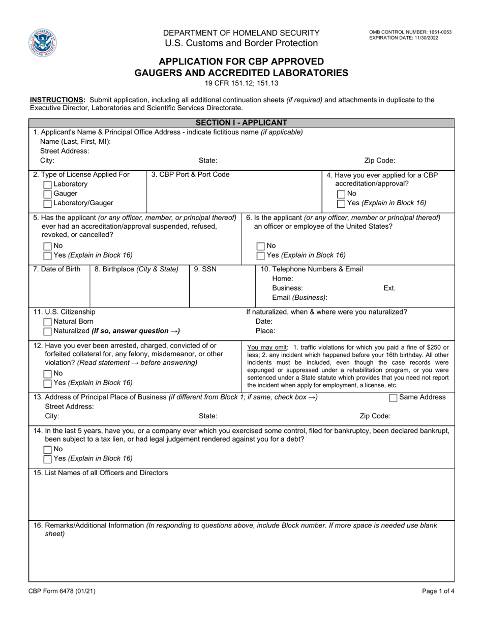 CBP Form 6478 Application for CBP Approved Gaugers and Accredited Laboratories, Page 1