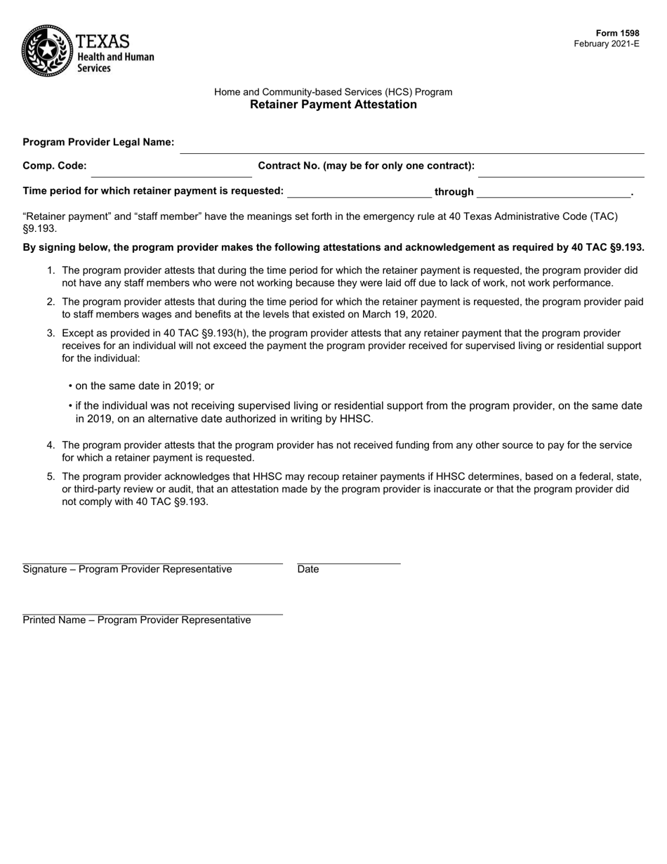 Form 1598 Retainer Payment Attestation - Texas, Page 1