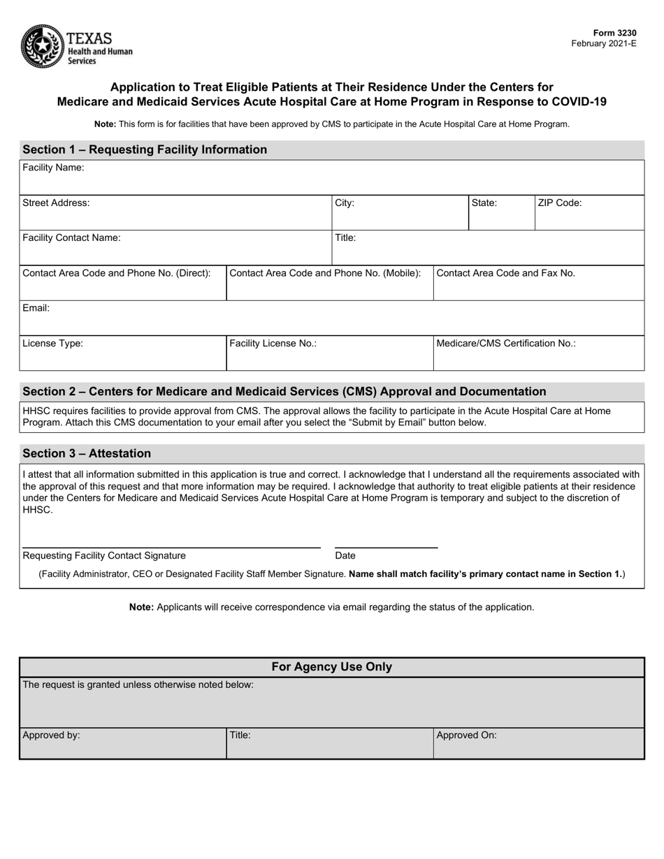 Form 3230 Application to Treat Eligible Patients at Their Residence Under the Centers for Medicare and Medicaid Services Acute Hospital Care at Home Program in Response to Covid-19 - Texas, Page 1