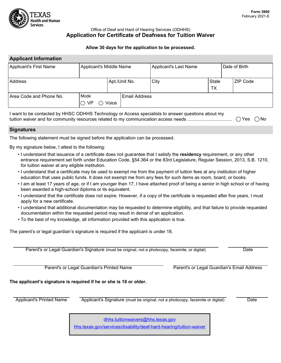 Form 3900 Application for Certificate of Deafness for Tuition Waiver - Texas, Page 1