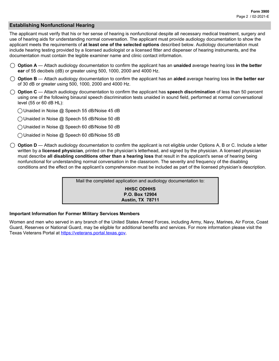 Form 3900 Application for Certificate of Deafness for Tuition Waiver - Texas, Page 2