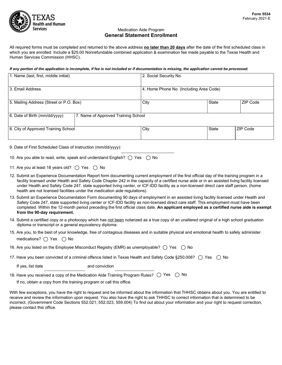 Form 5534 General Statement Enrollment - Texas, Page 1