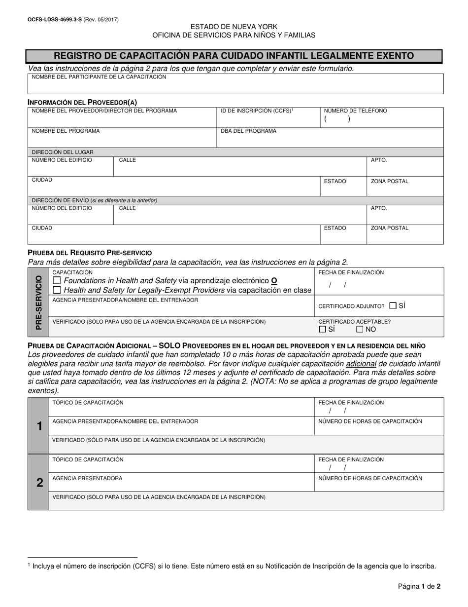 Formulario OCFS-LDSS-4699.3-S Registro De Capacitacion Para Cuidado Infantil Legalmente Exento - New York (Spanish), Page 1