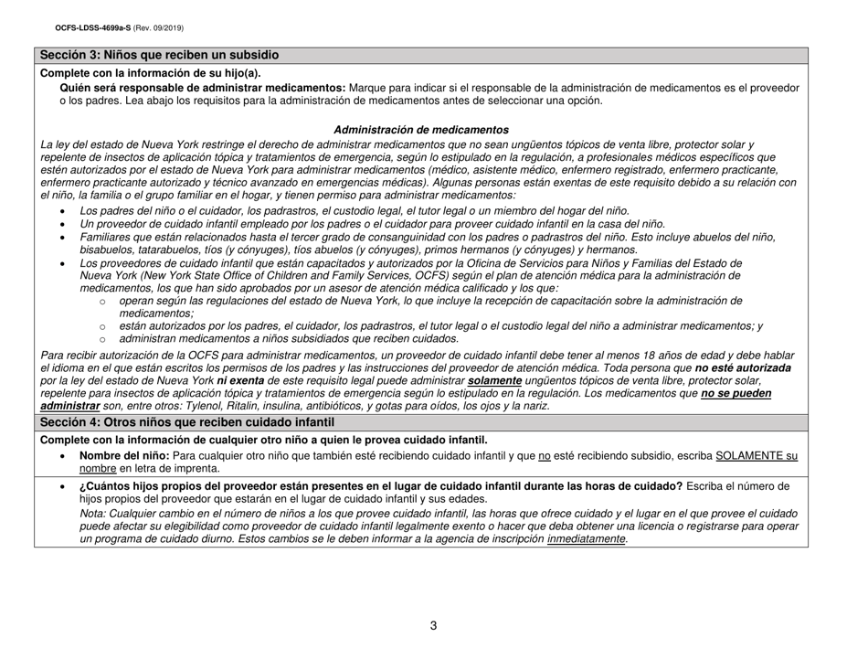 Instrucciones para Formulario OCFS-LDSS-4699-S Formulario De Inscripcion Para El Proveedor De Cuidado Infantil a Domicilio Legalmente Exento Y De Cuidado Infantil Familiar Legalmente Exento - New York (Spanish), Page 3