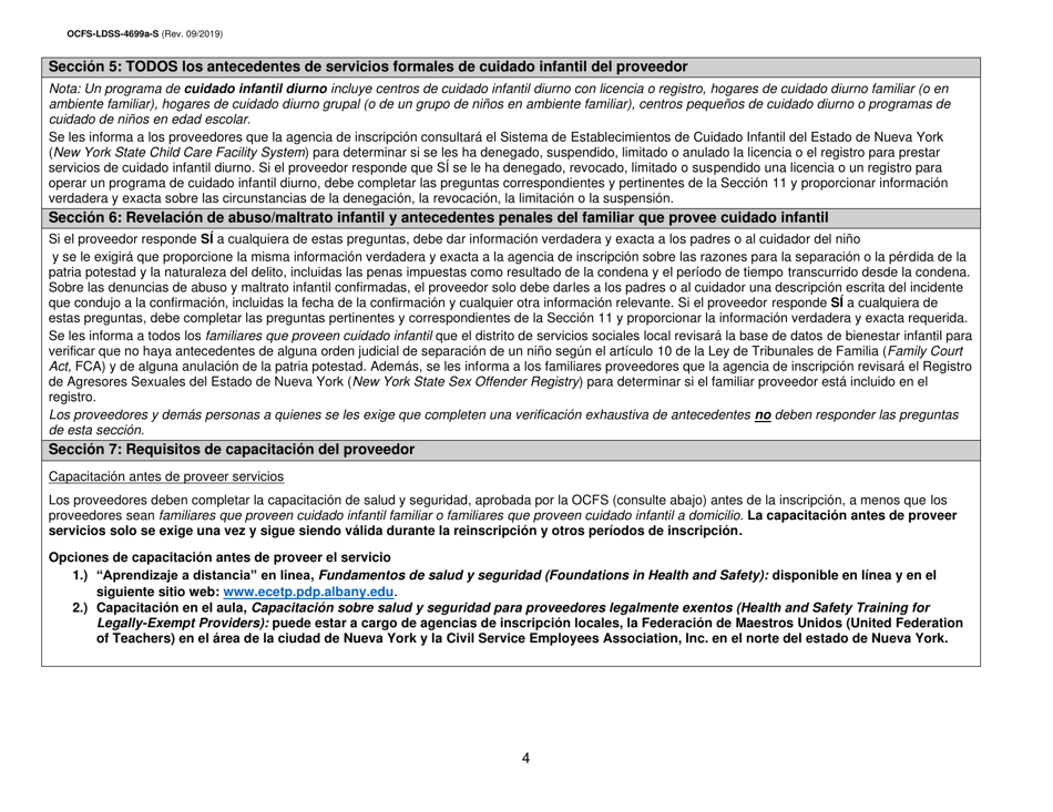 Instrucciones para Formulario OCFS-LDSS-4699-S Formulario De Inscripcion Para El Proveedor De Cuidado Infantil a Domicilio Legalmente Exento Y De Cuidado Infantil Familiar Legalmente Exento - New York (Spanish), Page 4