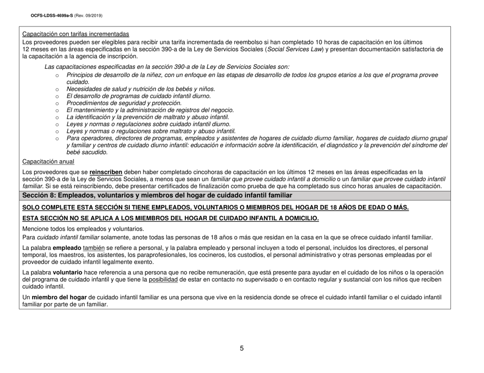Instrucciones para Formulario OCFS-LDSS-4699-S Formulario De Inscripcion Para El Proveedor De Cuidado Infantil a Domicilio Legalmente Exento Y De Cuidado Infantil Familiar Legalmente Exento - New York (Spanish), Page 5