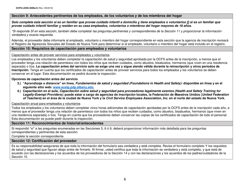 Instrucciones para Formulario OCFS-LDSS-4699-S Formulario De Inscripcion Para El Proveedor De Cuidado Infantil a Domicilio Legalmente Exento Y De Cuidado Infantil Familiar Legalmente Exento - New York (Spanish), Page 6