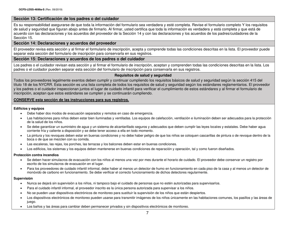 Instrucciones para Formulario OCFS-LDSS-4699-S Formulario De Inscripcion Para El Proveedor De Cuidado Infantil a Domicilio Legalmente Exento Y De Cuidado Infantil Familiar Legalmente Exento - New York (Spanish), Page 7
