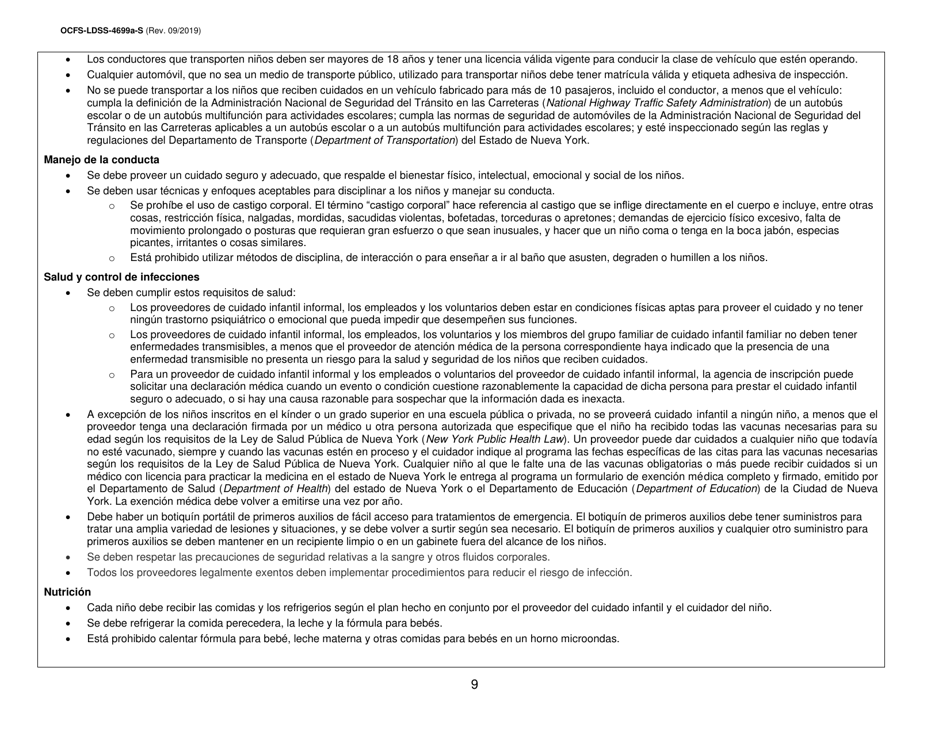 Instrucciones para Formulario OCFS-LDSS-4699-S Formulario De Inscripcion Para El Proveedor De Cuidado Infantil a Domicilio Legalmente Exento Y De Cuidado Infantil Familiar Legalmente Exento - New York (Spanish), Page 9