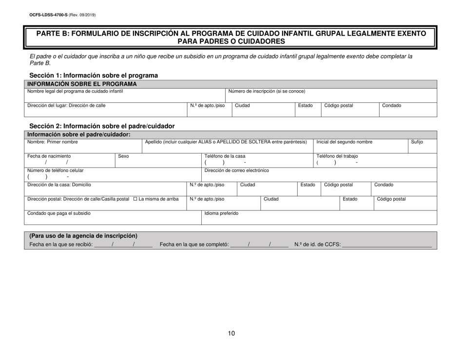Formulario OCFS-LDSS-4700-S Formulario De Inscripcion Al Programa De Cuidado Infantil Grupal Legalmente Exento - New York (Spanish), Page 10