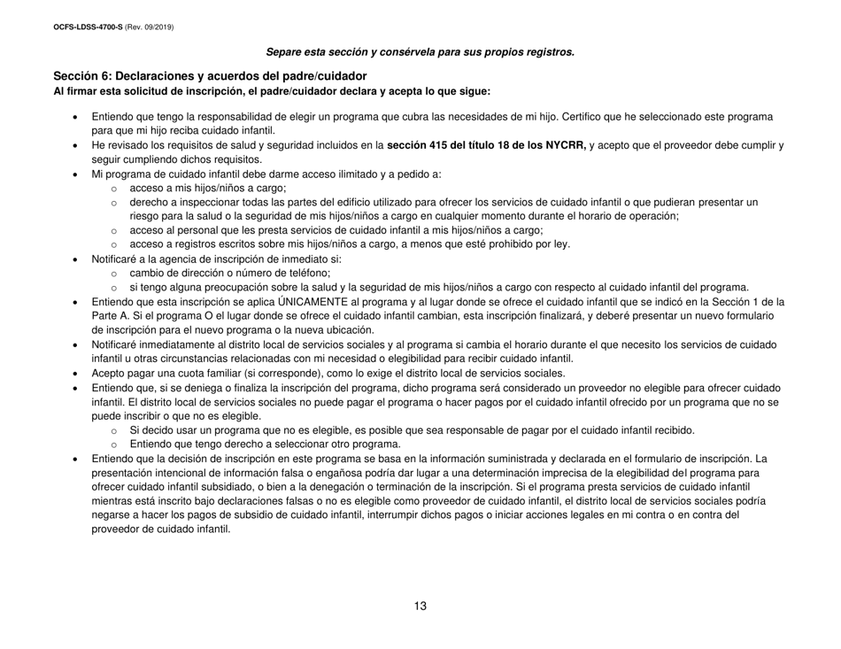 Formulario OCFS-LDSS-4700-S Formulario De Inscripcion Al Programa De Cuidado Infantil Grupal Legalmente Exento - New York (Spanish), Page 13