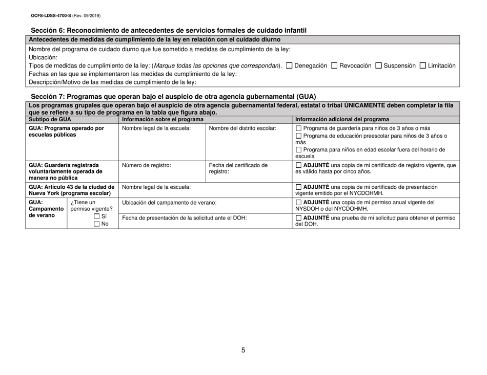 Formulario OCFS-LDSS-4700-S Formulario De Inscripcion Al Programa De Cuidado Infantil Grupal Legalmente Exento - New York (Spanish), Page 5