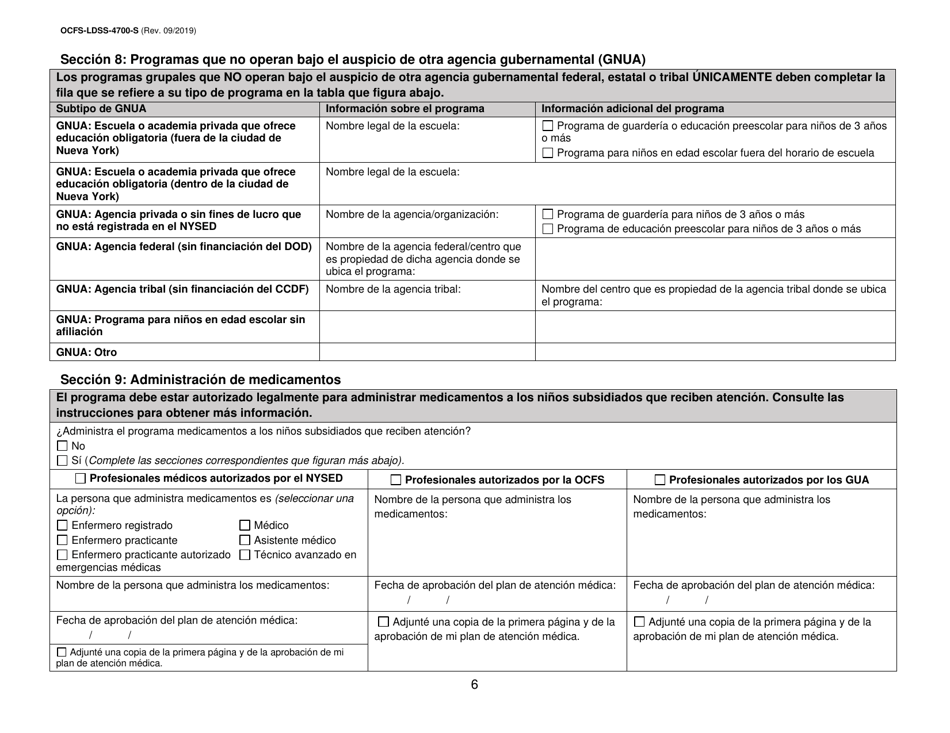 Formulario OCFS-LDSS-4700-S Formulario De Inscripcion Al Programa De Cuidado Infantil Grupal Legalmente Exento - New York (Spanish), Page 6