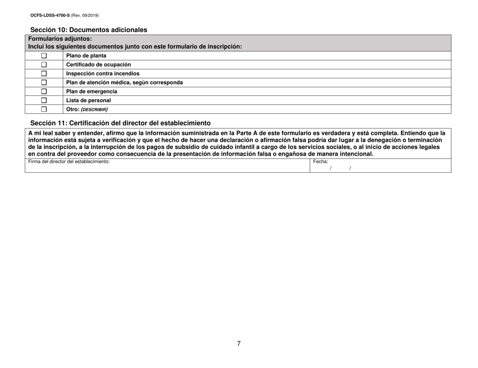 Formulario OCFS-LDSS-4700-S Formulario De Inscripcion Al Programa De Cuidado Infantil Grupal Legalmente Exento - New York (Spanish), Page 7