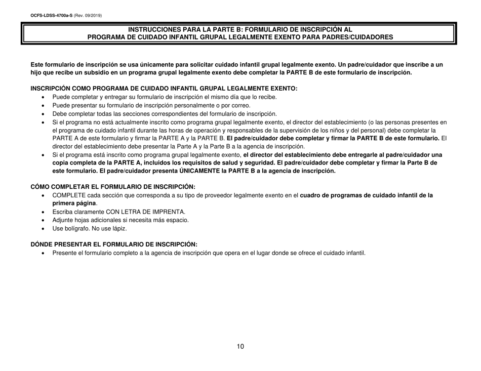 Instrucciones para Formulario OCFS-LDSS-4700-S Formulario De Inscripcion Al Programa De Cuidado Infantil Grupal Legalmente Exento - New York (Spanish), Page 10