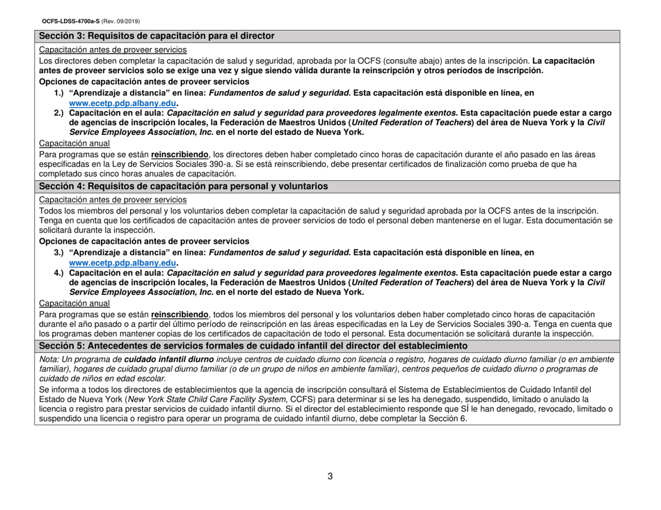Instrucciones para Formulario OCFS-LDSS-4700-S Formulario De Inscripcion Al Programa De Cuidado Infantil Grupal Legalmente Exento - New York (Spanish), Page 3