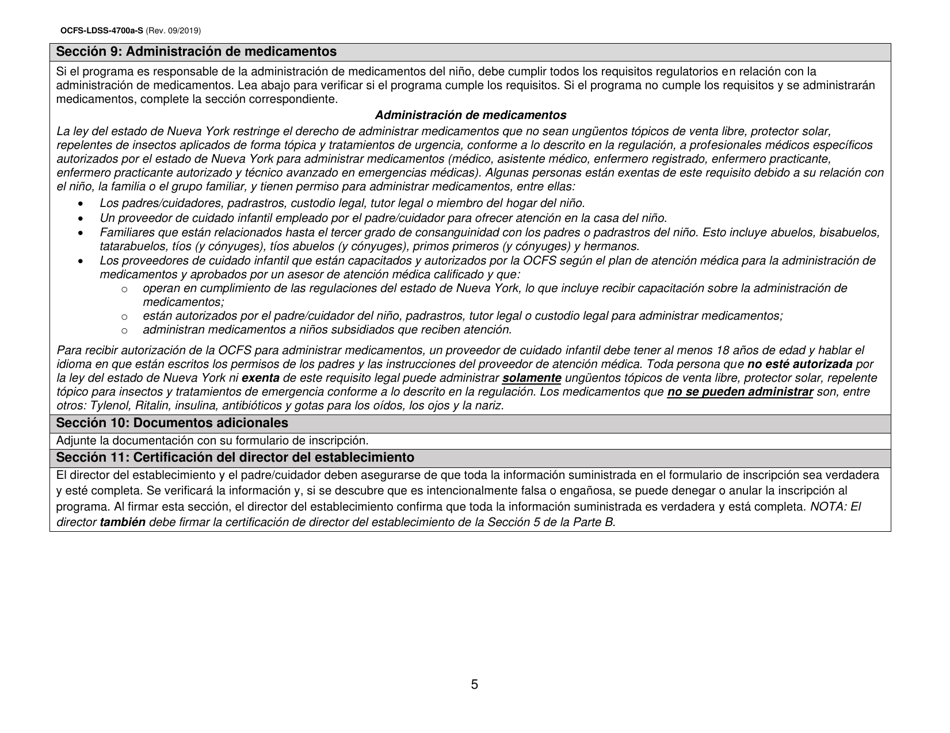 Instrucciones para Formulario OCFS-LDSS-4700-S Formulario De Inscripcion Al Programa De Cuidado Infantil Grupal Legalmente Exento - New York (Spanish), Page 5