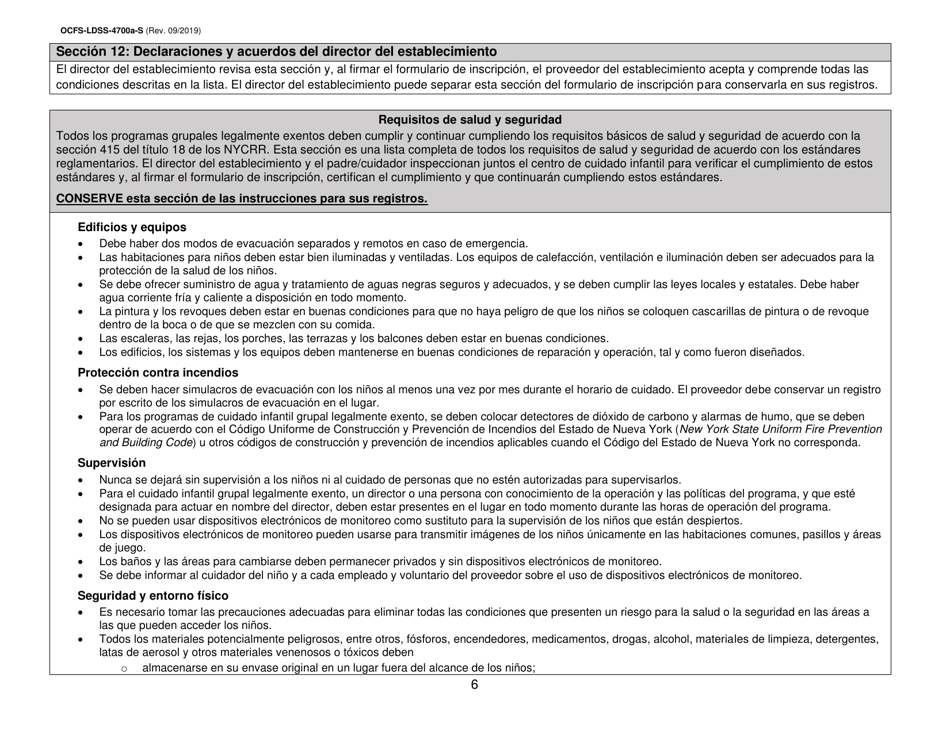 Instrucciones para Formulario OCFS-LDSS-4700-S Formulario De Inscripcion Al Programa De Cuidado Infantil Grupal Legalmente Exento - New York (Spanish), Page 6