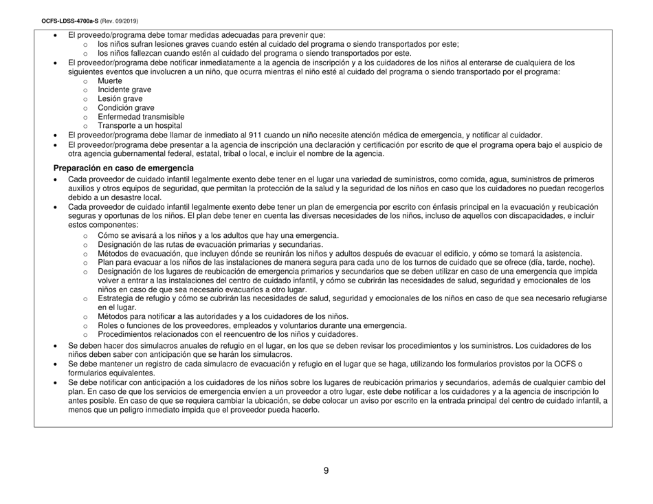Instrucciones para Formulario OCFS-LDSS-4700-S Formulario De Inscripcion Al Programa De Cuidado Infantil Grupal Legalmente Exento - New York (Spanish), Page 9