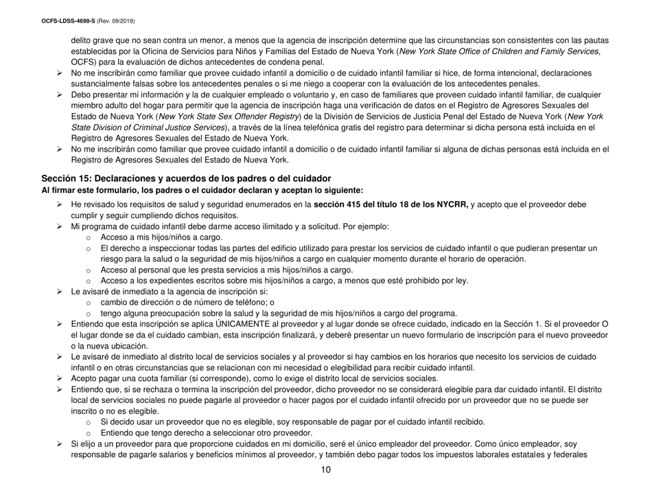 Formulario OCFS-LDSS-4699-S Formulario De Inscripcion Para El Proveedor De Cuidado Infantil a Domicilio Legalmente Exento Y De Cuidado Infantil Familiar Legalmente Exento - New York (Spanish), Page 10