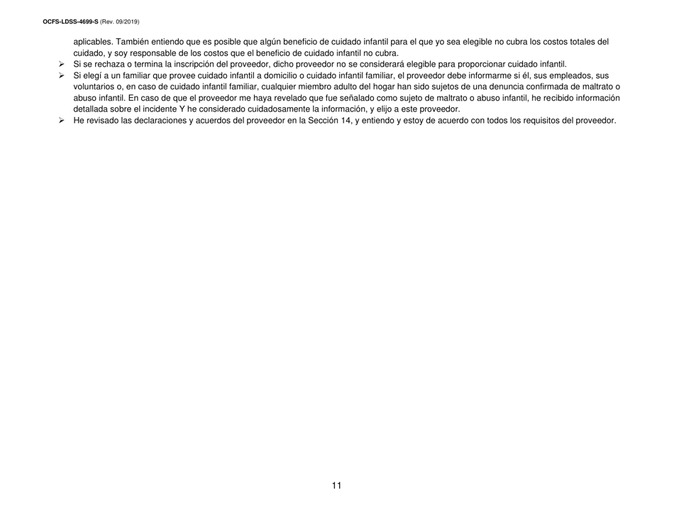 Formulario OCFS-LDSS-4699-S Formulario De Inscripcion Para El Proveedor De Cuidado Infantil a Domicilio Legalmente Exento Y De Cuidado Infantil Familiar Legalmente Exento - New York (Spanish), Page 11