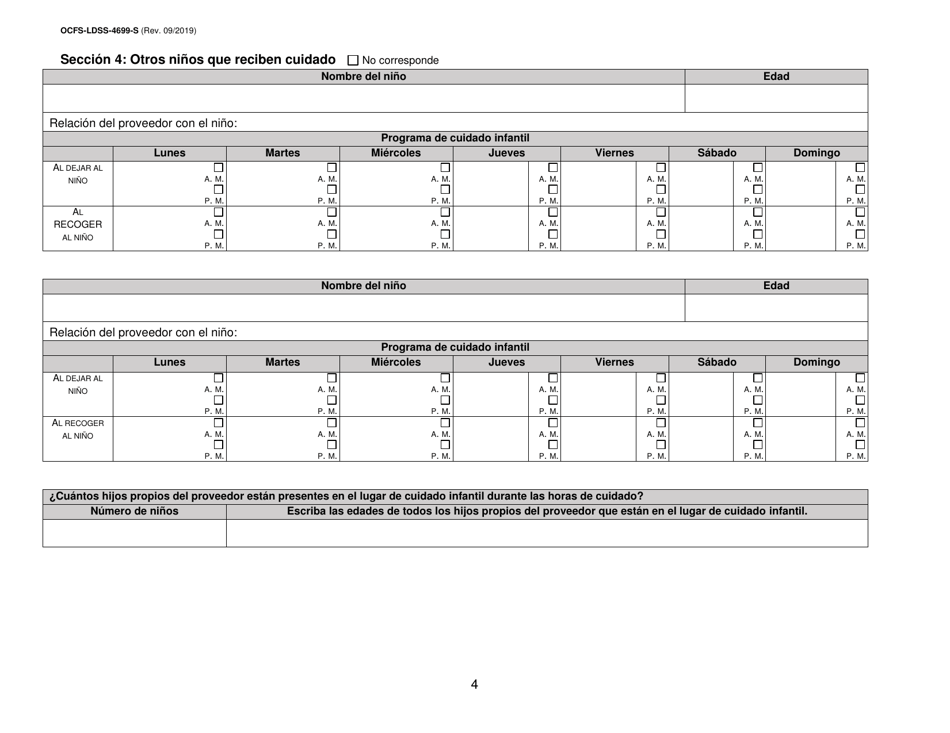 Formulario OCFS-LDSS-4699-S Formulario De Inscripcion Para El Proveedor De Cuidado Infantil a Domicilio Legalmente Exento Y De Cuidado Infantil Familiar Legalmente Exento - New York (Spanish), Page 4